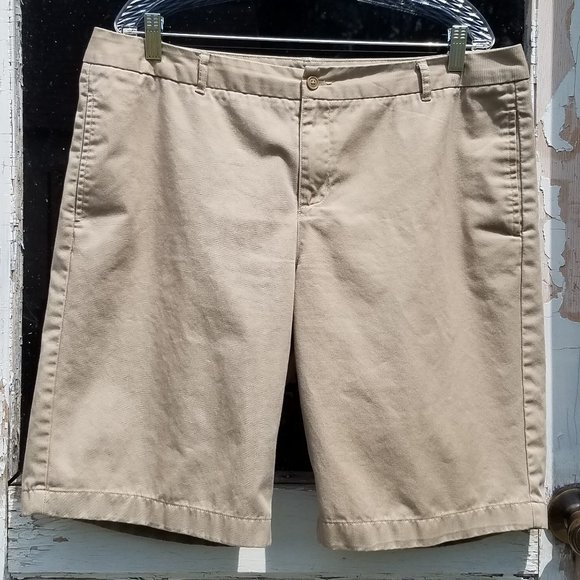 Lands' End Khaki Plain Front Cotton Blend Bermuda Shorts - Picture 1 of 13